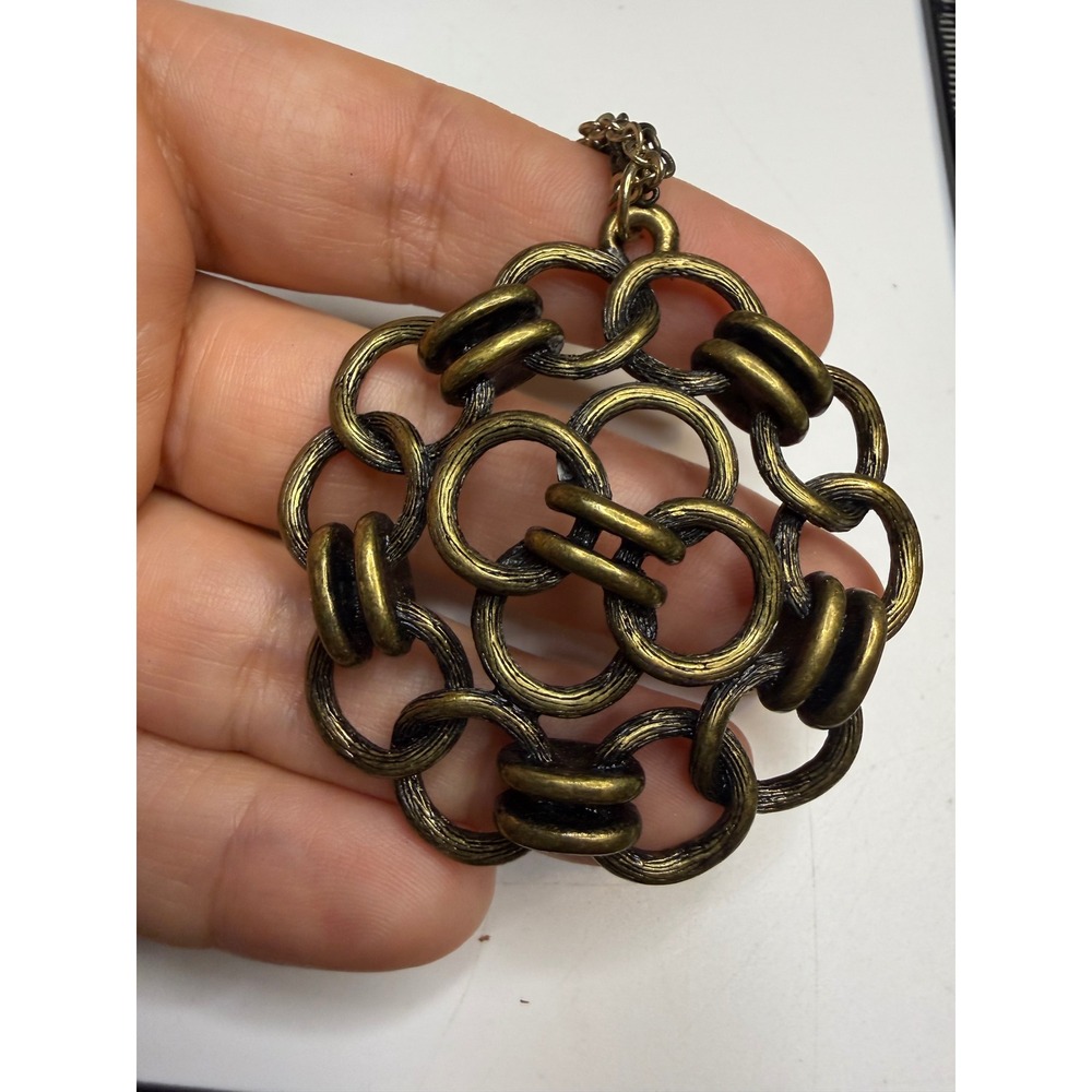 Antique Brass Tone Geometric Interlocking Ring Pendant Double Strand Necklace